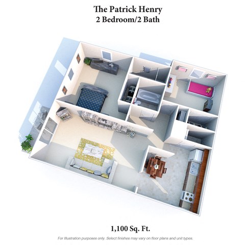 Floor plan for 2 beds, 2 baths, 1100 sqft